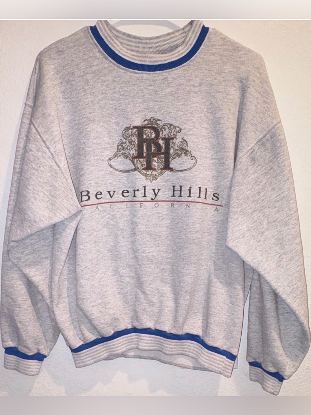 Vintage 90s Beverly Hills California Sweatshirt Striped Banded Crewneck L